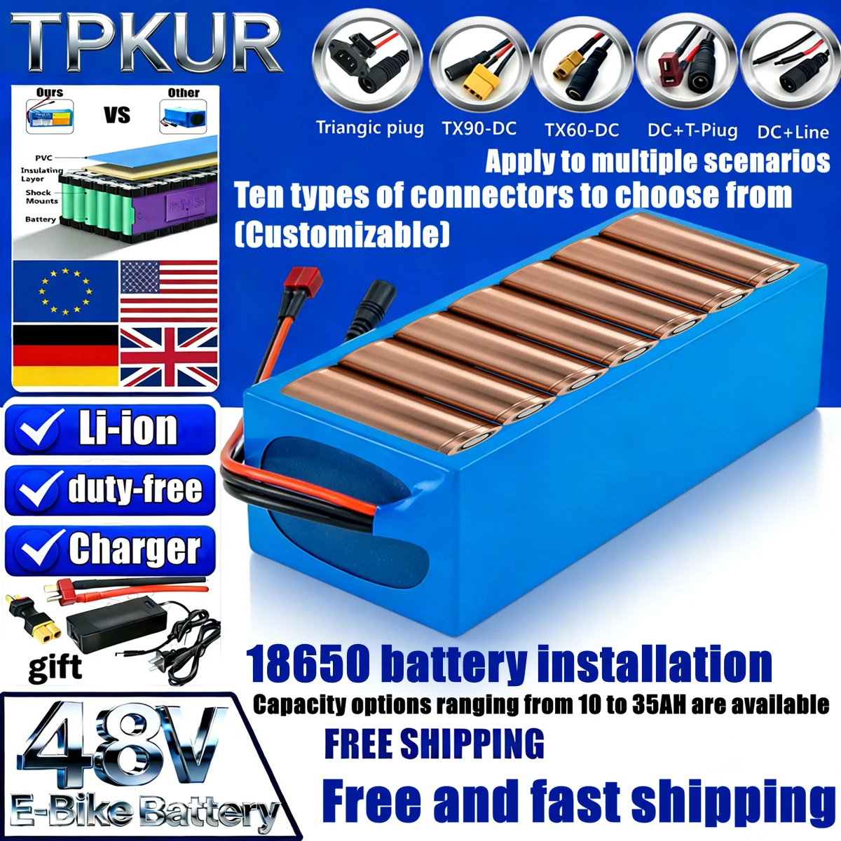 

48V high-capacity lithium battery pack (10-35Ah) with a stable 13S6P configuration, featuring a built-in BMS, and dedicated comp