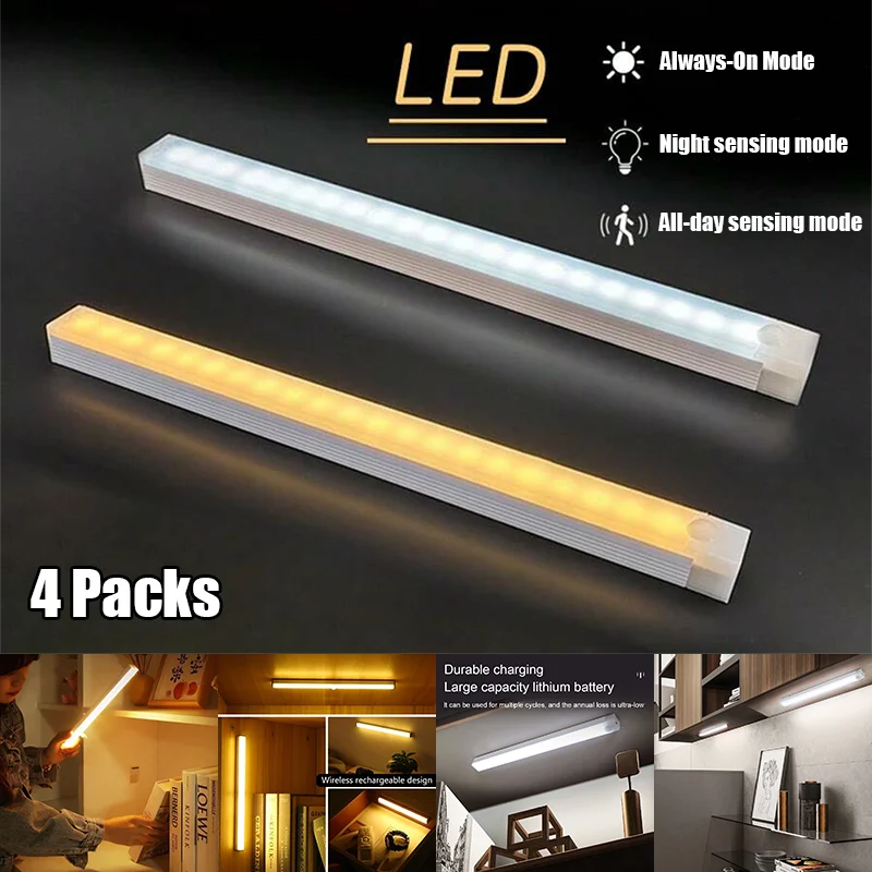 4pc LED Bar Lamp Wireless Rechargeable Motion Sensor Cabinet Light-Ideal for Closet,Kitchen,Wardrobe,Stairs,Corridor Night Light