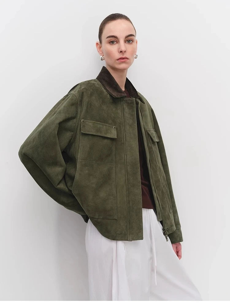 빈티지 짧은 정품 가죽 자켓 여성 봄 가을 하이 엔드 간단한 대비 코듀로이 옷깃 디자인 진짜 염소 가죽 스웨이드 코트