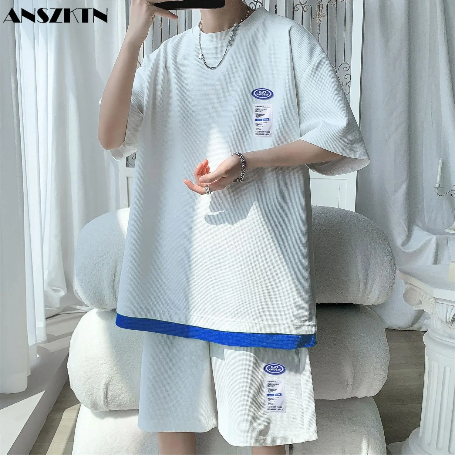 

ANSZKTN Waffle Casual Sports suit men's summer loose short sleeve shorts two-piece men's suit