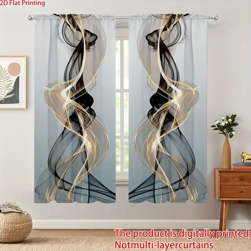 

2pcs Black Gold Abstract Smoke Patterned Curtains, Design for Living Room Bedroom Modern Home Window，Rod Pocket Curtains