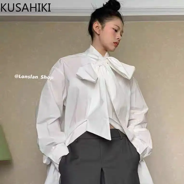 KUSAHIKI Spring Summer New Vintage Fashion Bow Bandage Women Shirt 2023elegant Long Blouse Tops Causal White Camisas De Mujer