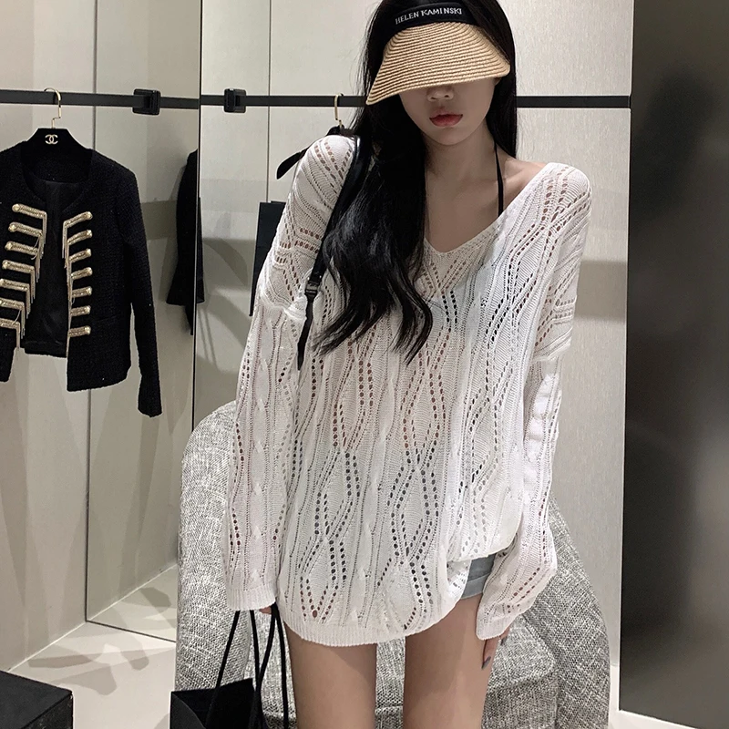 Gidyq Summer Sexy Hollow Out Knit Blouse Women Korean Fashion Lace Up Loose Sun Protection Shirts Casual Streetwear Female Tops