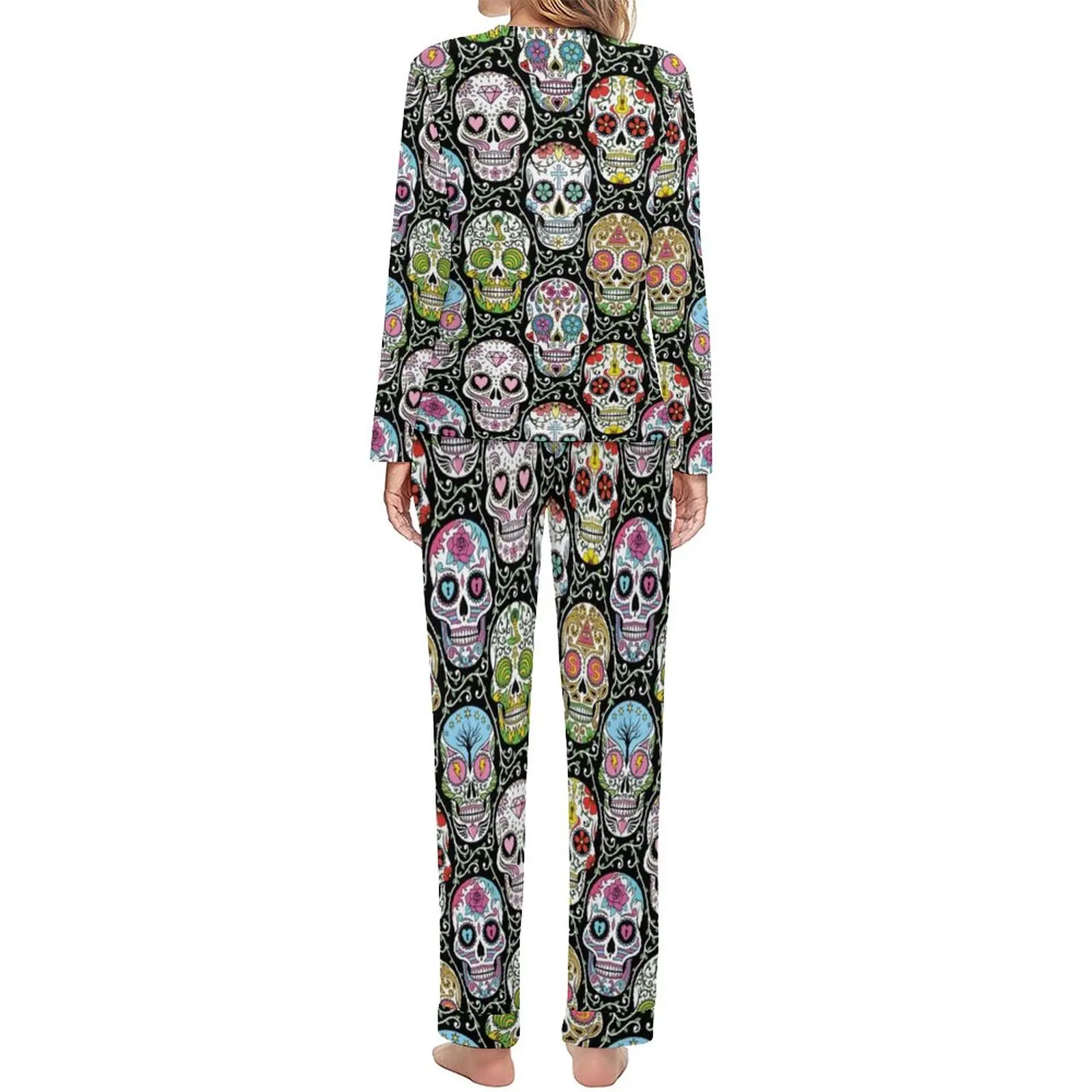 Colorful Skeleton Pajamas Lady Mexican Sugar Skull Trendy Sleepwear Spring 2 Pieces Aesthetic Oversize Pajama Sets