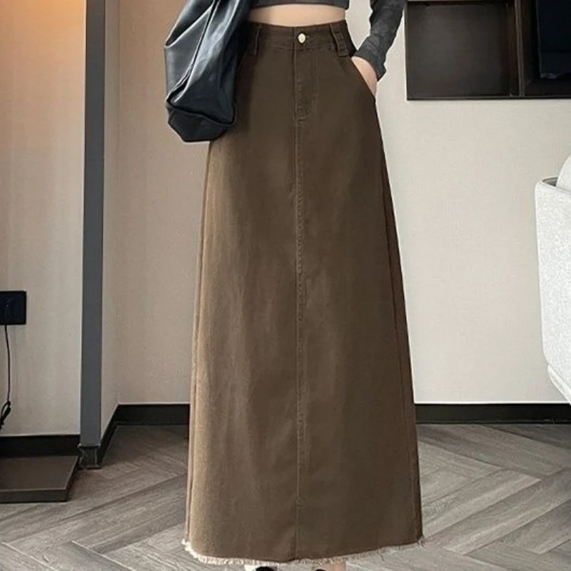 Cowboy Midi Skirt for Women, Autumn New Style, High Waist, Frayed Edge, Split A-line, Loose Fit, Slimming Effect