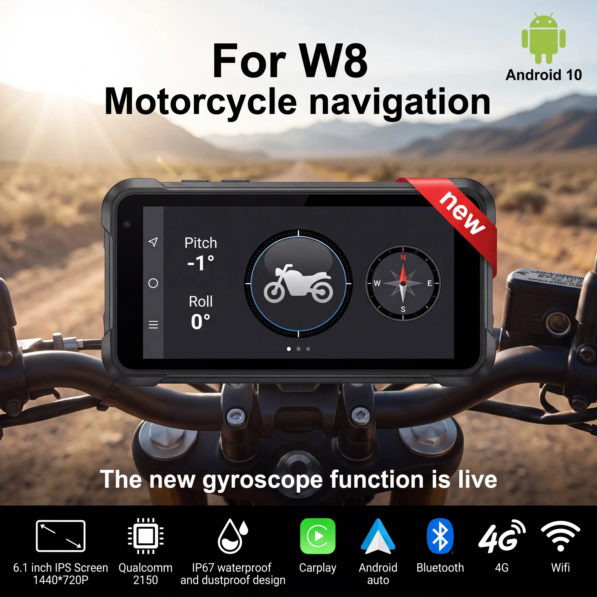 

W8 Motorcycle Navigation 6.1' Android 10 IP67 Waterproof with Wireless Carplay Android Auto DVR Drive Recorder GPS WiFi