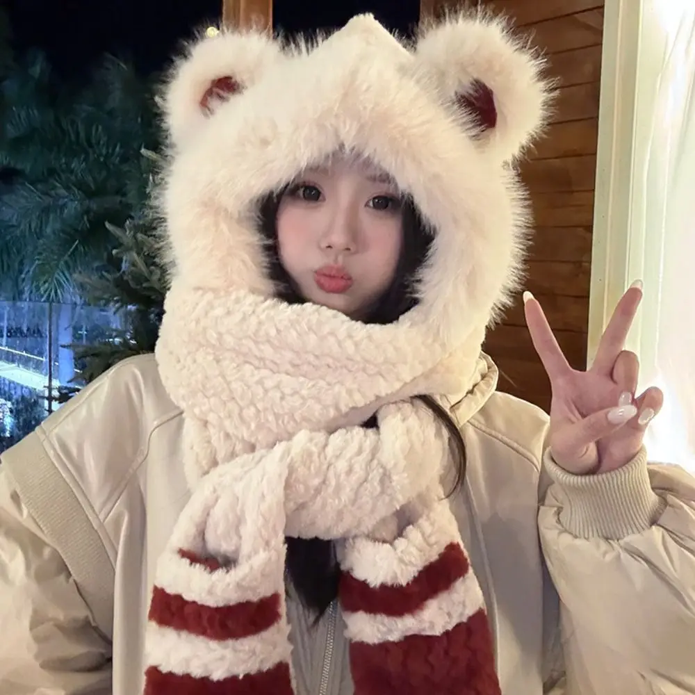 high-value-bear-protection-hat-thickened-design-pullover-integrated-cap-gloves-scarf-soft-plush-sweet-ear-protection-hat