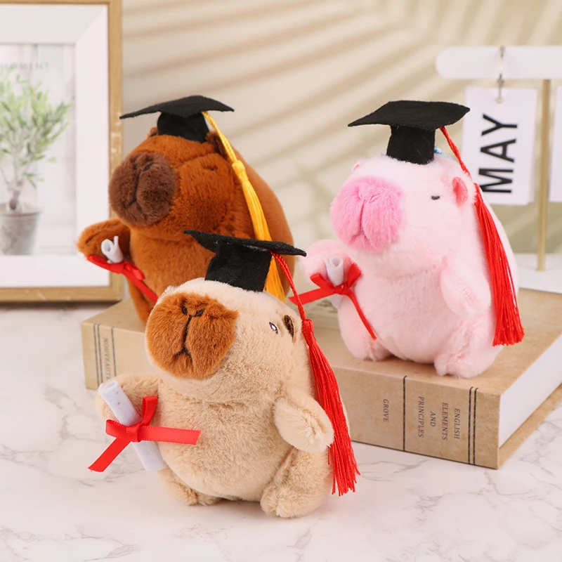 Doctoral Hat Capibara Plush Toy Cartoon Capybara Pendant Soft Stuffed Doll Keychain Car Key Ring Backpack Bag Decor