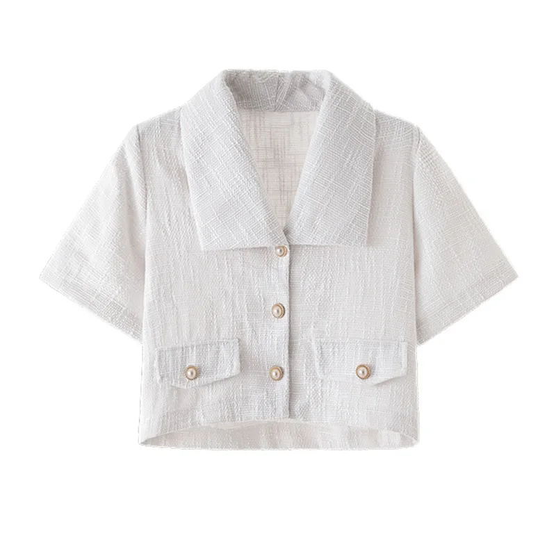 Blazer chic et fin pour femme, veste courte, cardigan à boutons, blanc imbibé, haut de bureau vintage, à manches courtes, nouvelle collection été 2024