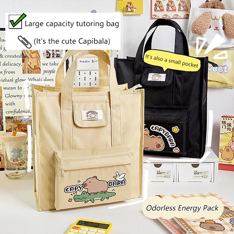 Multifunction Capybara Tote Bag Handheld Side Mesh Pocket Cartoon Tote Tutorial Bag Portable Large-capacity File Bag