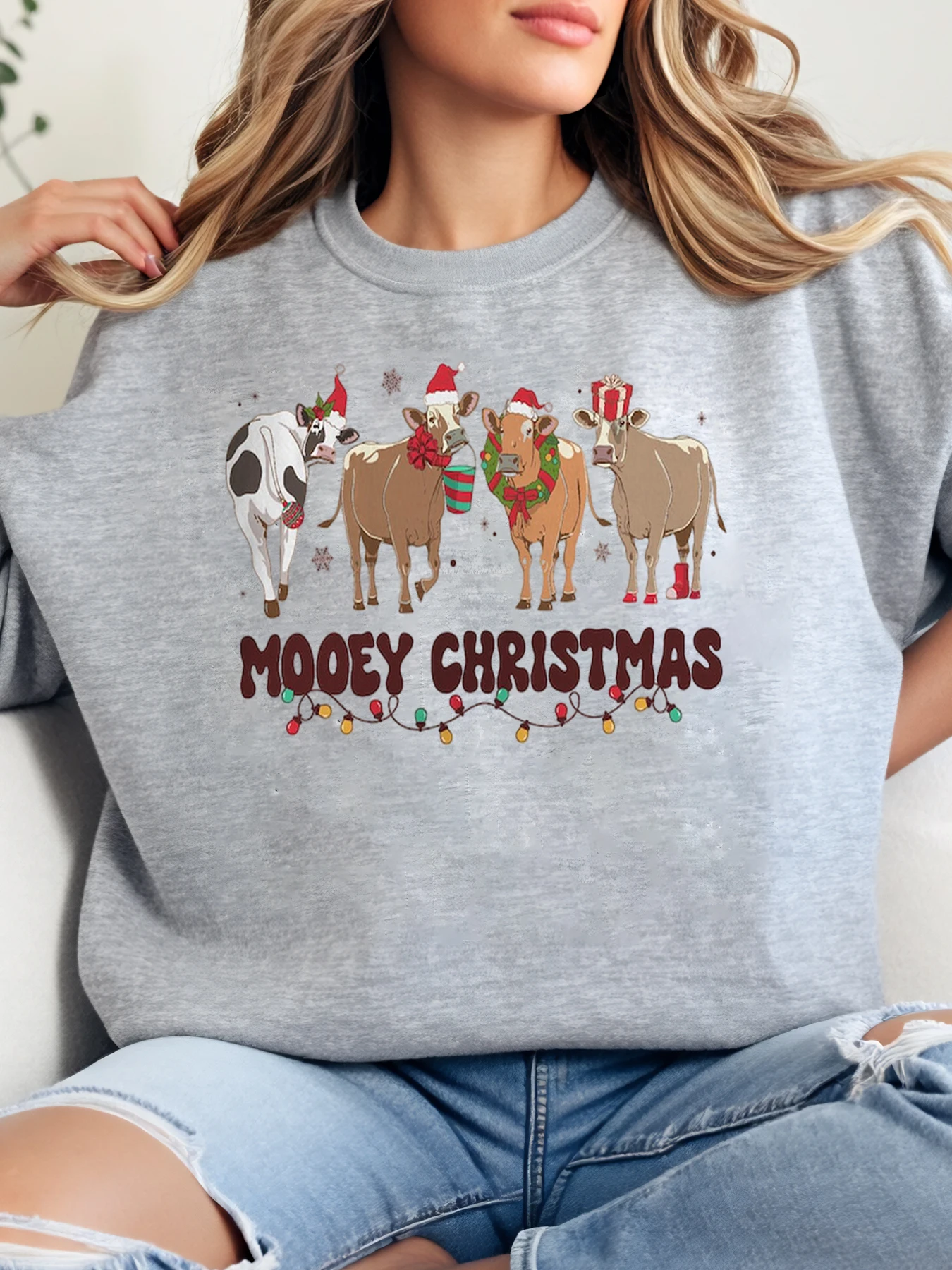 البقرة عيد الميلاد طباعة عطلة البلوز المرأة عارضة الشتاء حزب رمادي زائد الحجم #1