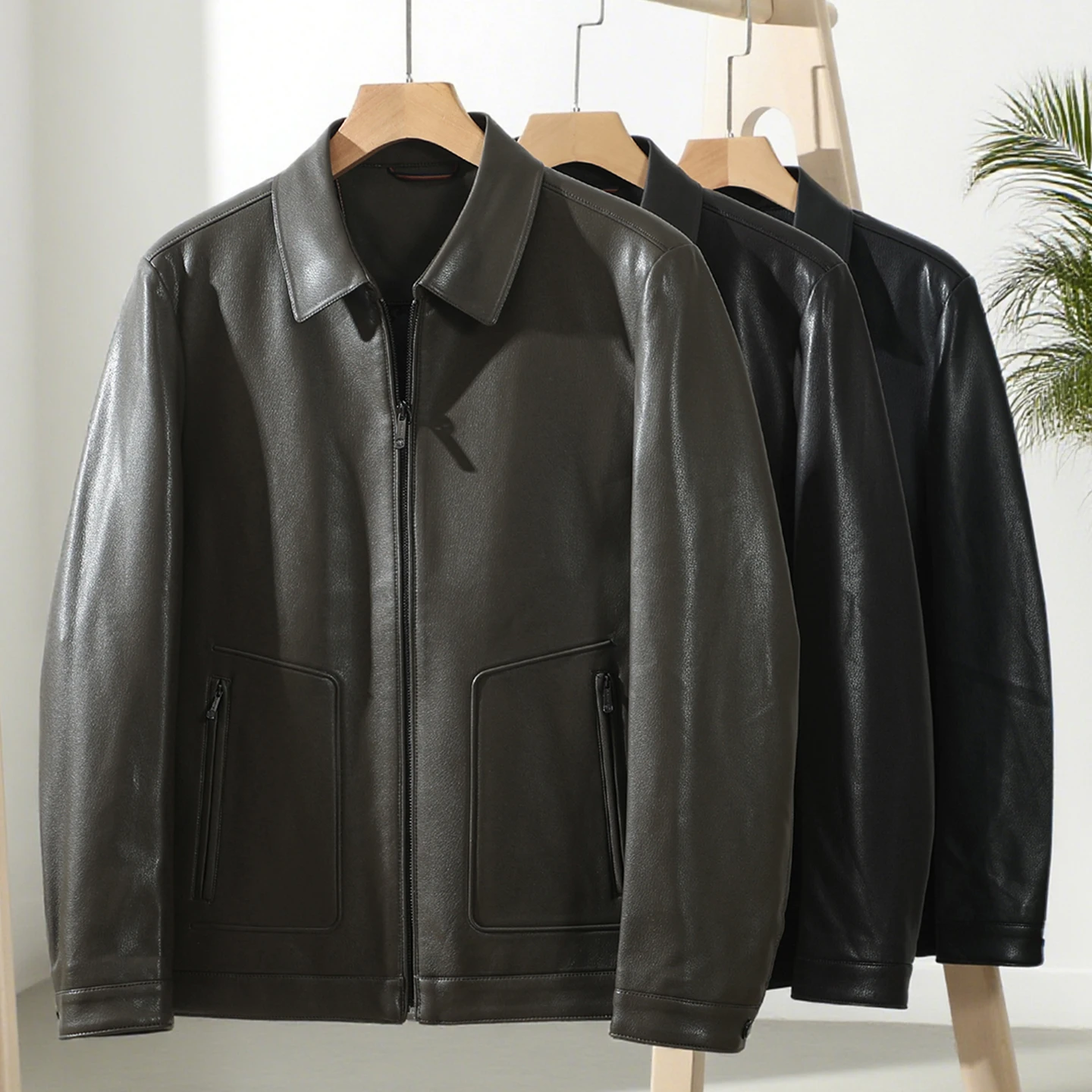 

Soft Leather Feel Men's Busin Commute Jaet Autumn Faion Urban Sle Long Sve Waterproof Zipper Closure PU Leather Coat