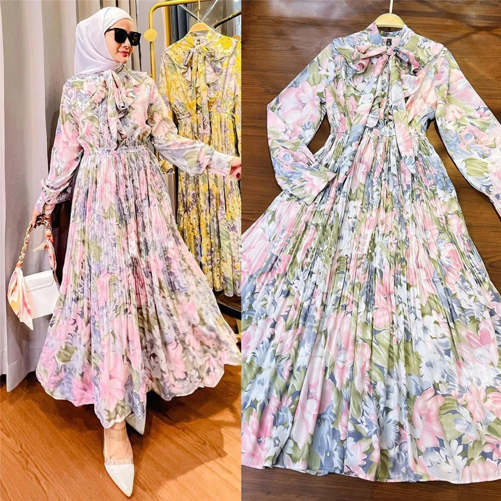 Fashion Women Muslim Abaya Ruffles Floral Print Summer Maxi Dress Turkey Arab Kaftan Islamic Party Jalabiya Caftan Vestidos Gown