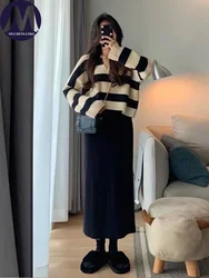 Knitted Sweater and Dress Set for Women Elegant Stripe Outfit V Neck Top Korean Fashion Casual Dress Autumn Winter New 2 Pcs