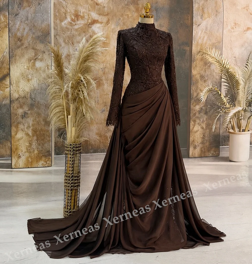 Customized Exquisite High Collar Long Sleeves Evening Dress for Banquet Lace Soft Pleats Elegant Wedding Party Dress Classic