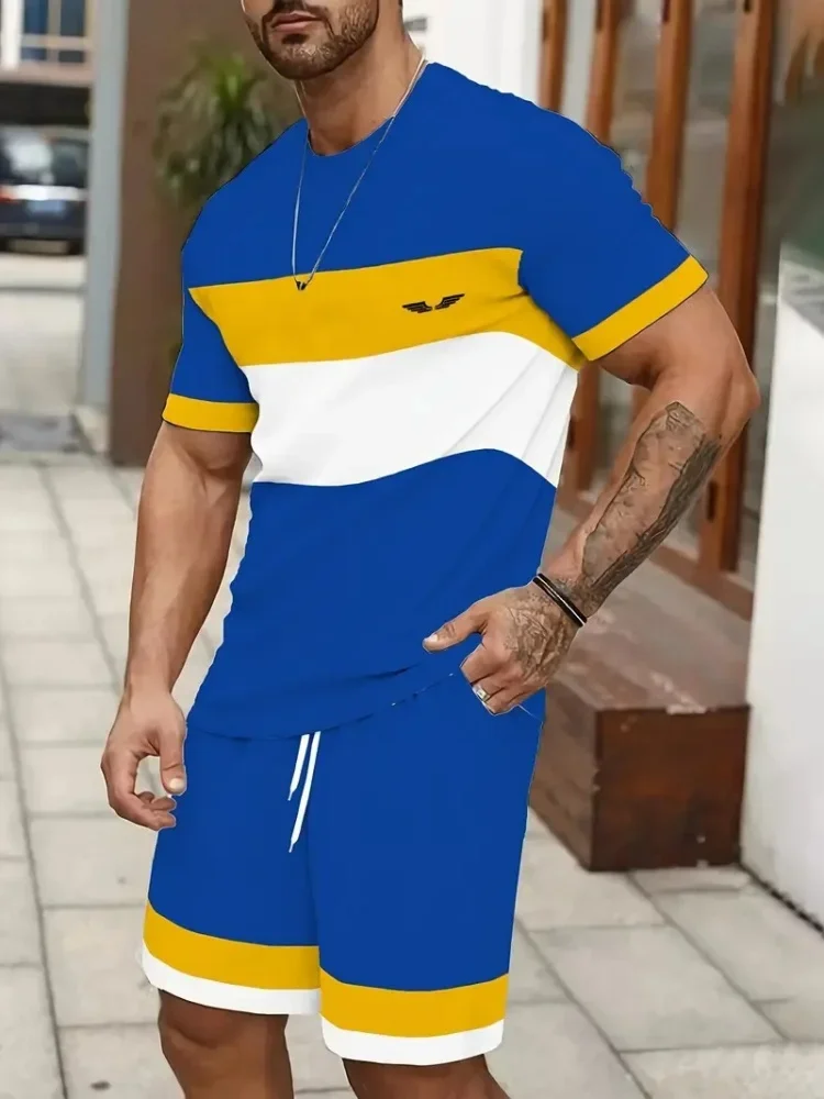 

Casual Stripe Printed T-shirt Shorts Set Large Size Loose Men's Short Sleeve Tee Elastic Waist Shorts 2-piece Set Sports Clothes