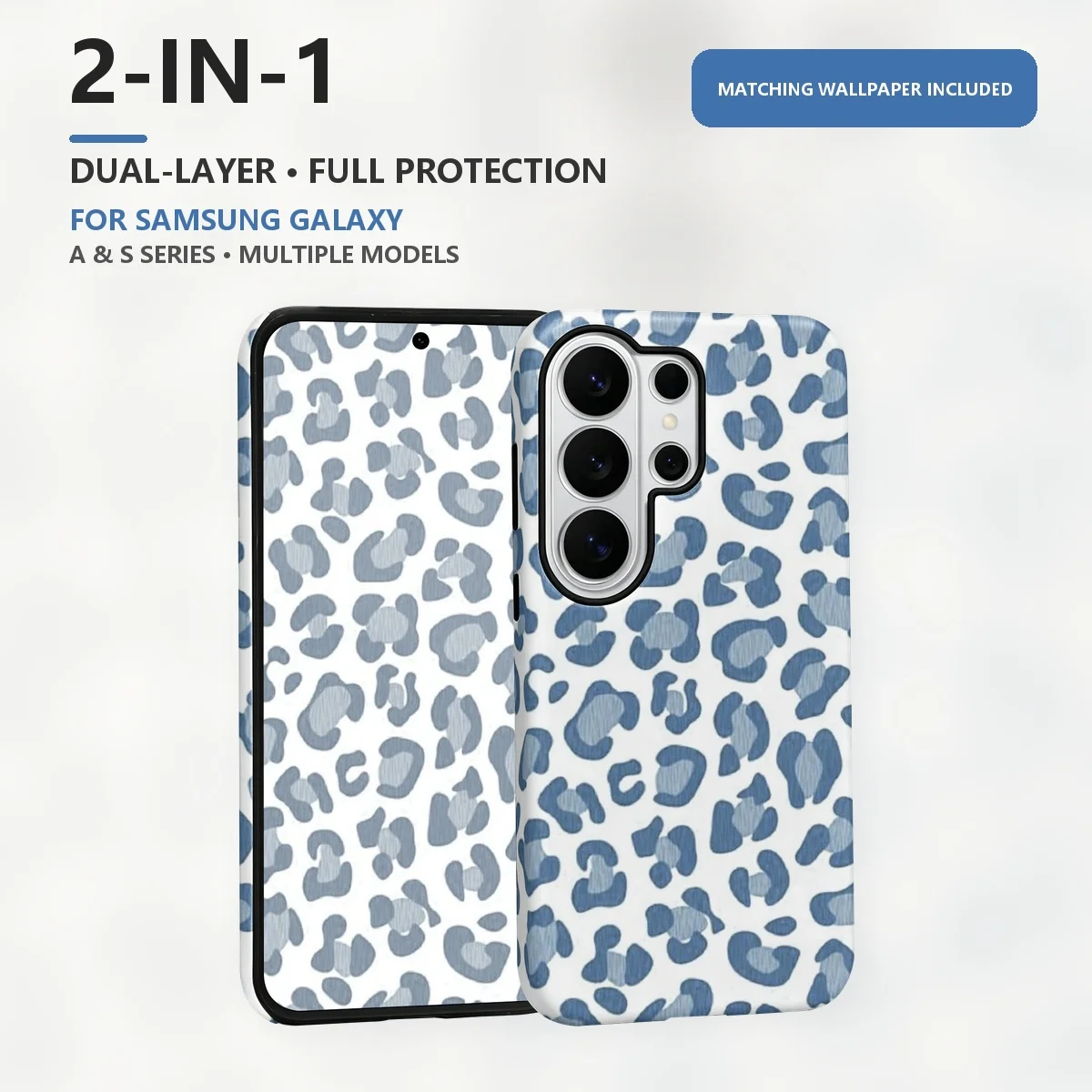 Blue Leopard Print 2-in-1 Dual-Layer Phone Case for Samsung Galaxy S26 S25 S24 S23 S22 S21 Plus Ultra FE S20 FE A56 A17 A16 A15