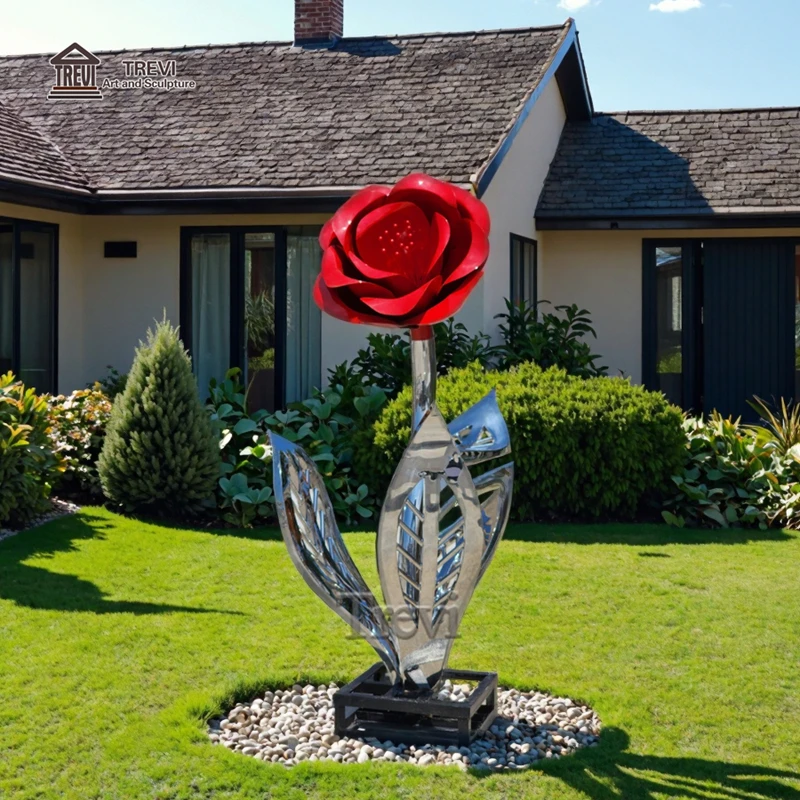 Outdoor Metal Rose Sculpture Garden Mirror-Finish Stainless Steel Red Flower Statue Polished Craftsmanship