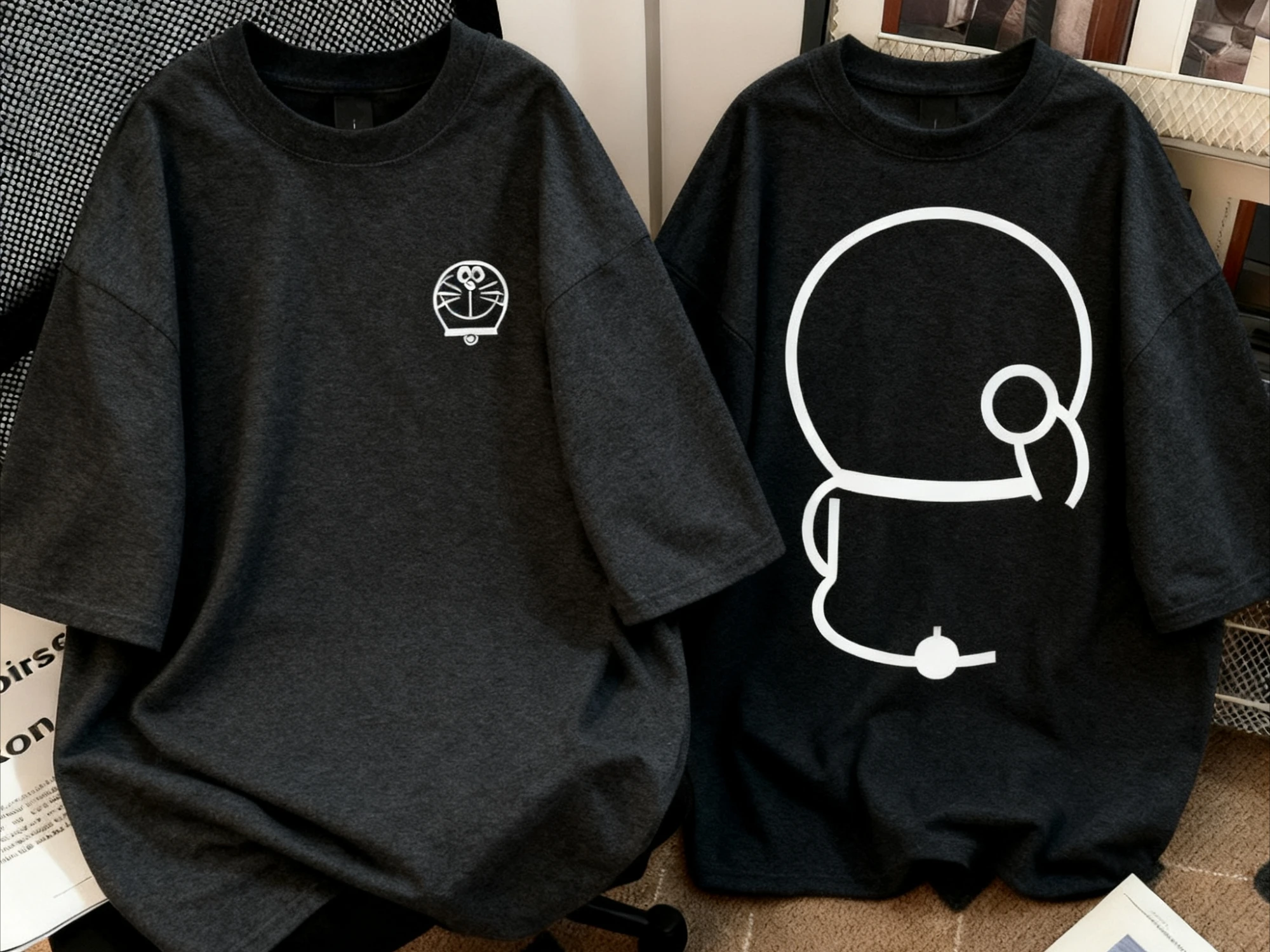 2025 الصيف الاتجاه فضفاض اليابانية الحد الأدنى خطوط الكرتون عبقور قصيرة القطن الخالص كم تي شيرت للرجال والنساء زوجين #5