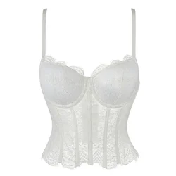 Women Corset Lace Fish Bone Bustier Vest Sexy Mesh Breathable Crop Top White Spaghetti Strap Lace Bra Burlesque Lingerie