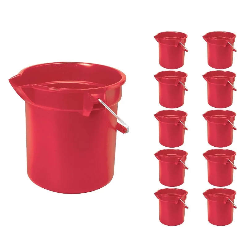 Rubbermaid Commercial Products Brute Heavy-Duty Round Bucket, 10-Quart, Red, Corrosive-Resistant Pail with Handle