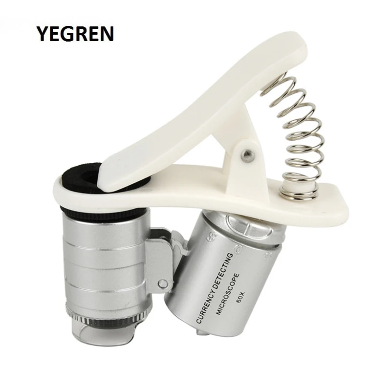 Microscopio LED con detección de moneda para teléfono inteligente, lupa móvil con Clip Universal, luz LED UV, identificación f/gema, 60X