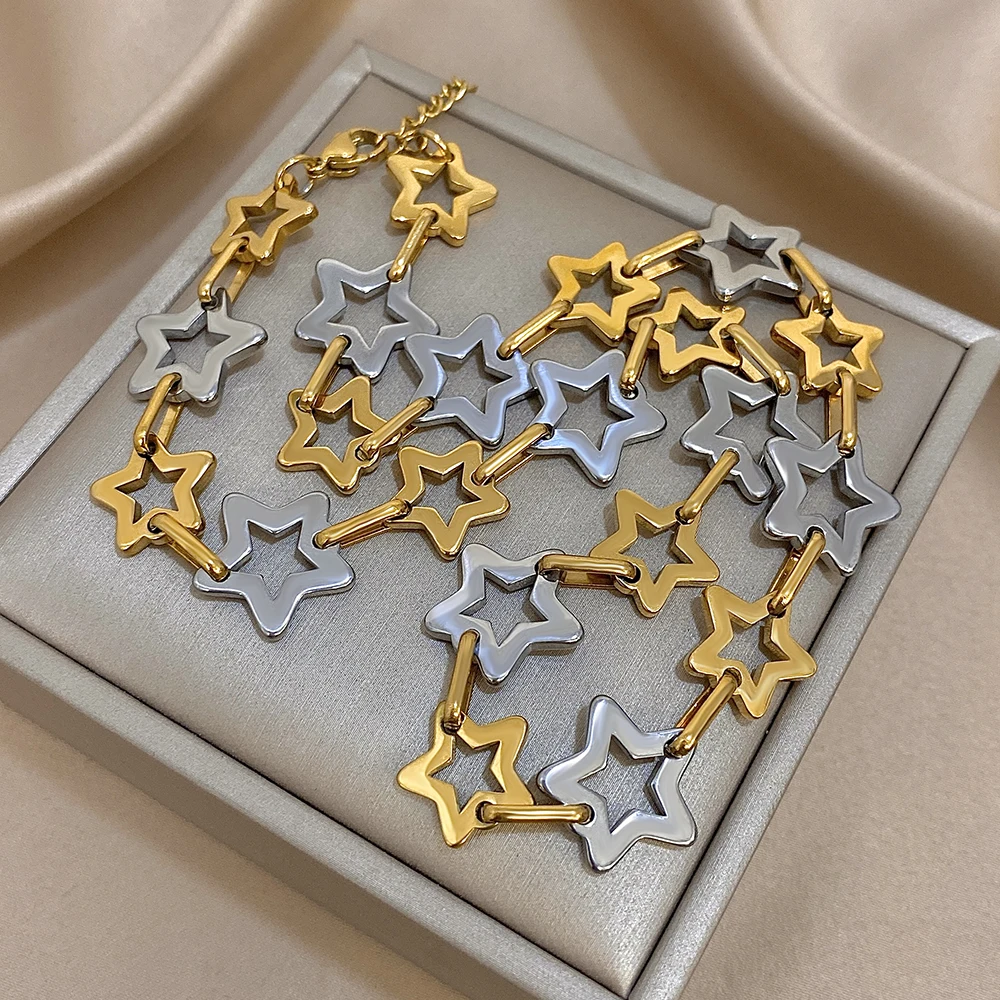 Mode Edelstahl Gold Silber Farbe Halskette für Frauen Nette Hohle Sterne Link Kette Halsketten Wasserdicht Schmuck Geschenke – Detail 14