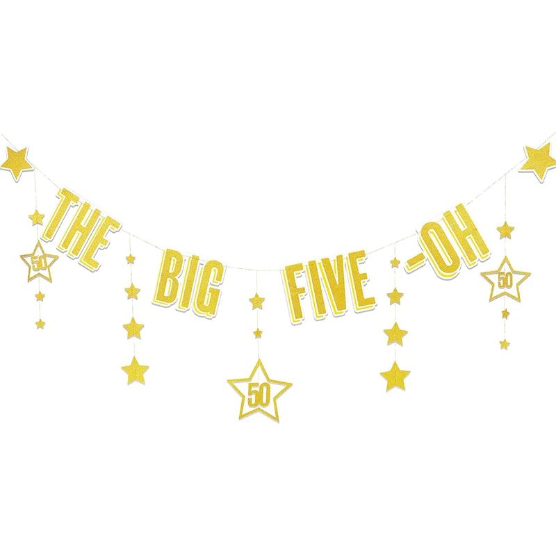 Glitter Gold Happy Birthday 50th Paper Star Banner 50th Birthday Party Bunting Decoration Fifty Streamer Garland Wall background