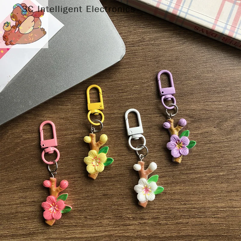 2Pcs Cute Plum Blossom Branch Keychain Fashion Backpack Hanging Ornaments Creative Lovely Flower Keyring Sweet Keychain Pendant