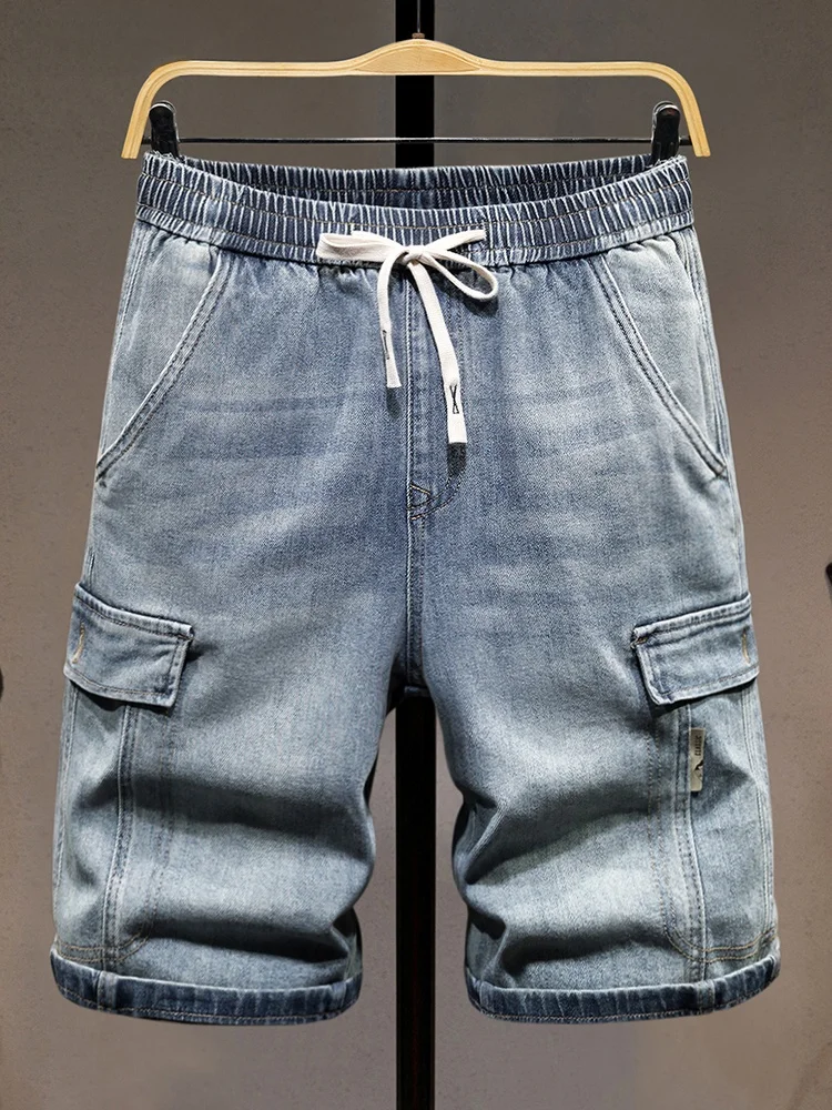

Loose Fit Men's Denim orts Summer Trendy Elastic Straight Leg mid Waist Five ket Workwear Cotton Stretch Jeans