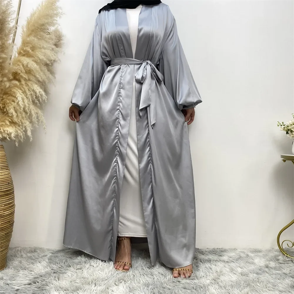 

Dubai Kimono Open Abaya Satin Hijab Dress Eid Ramadan Muslim Women Belt Caftan Kaftan Femme Musulman Caftan Robe Kebaya Jalabiya