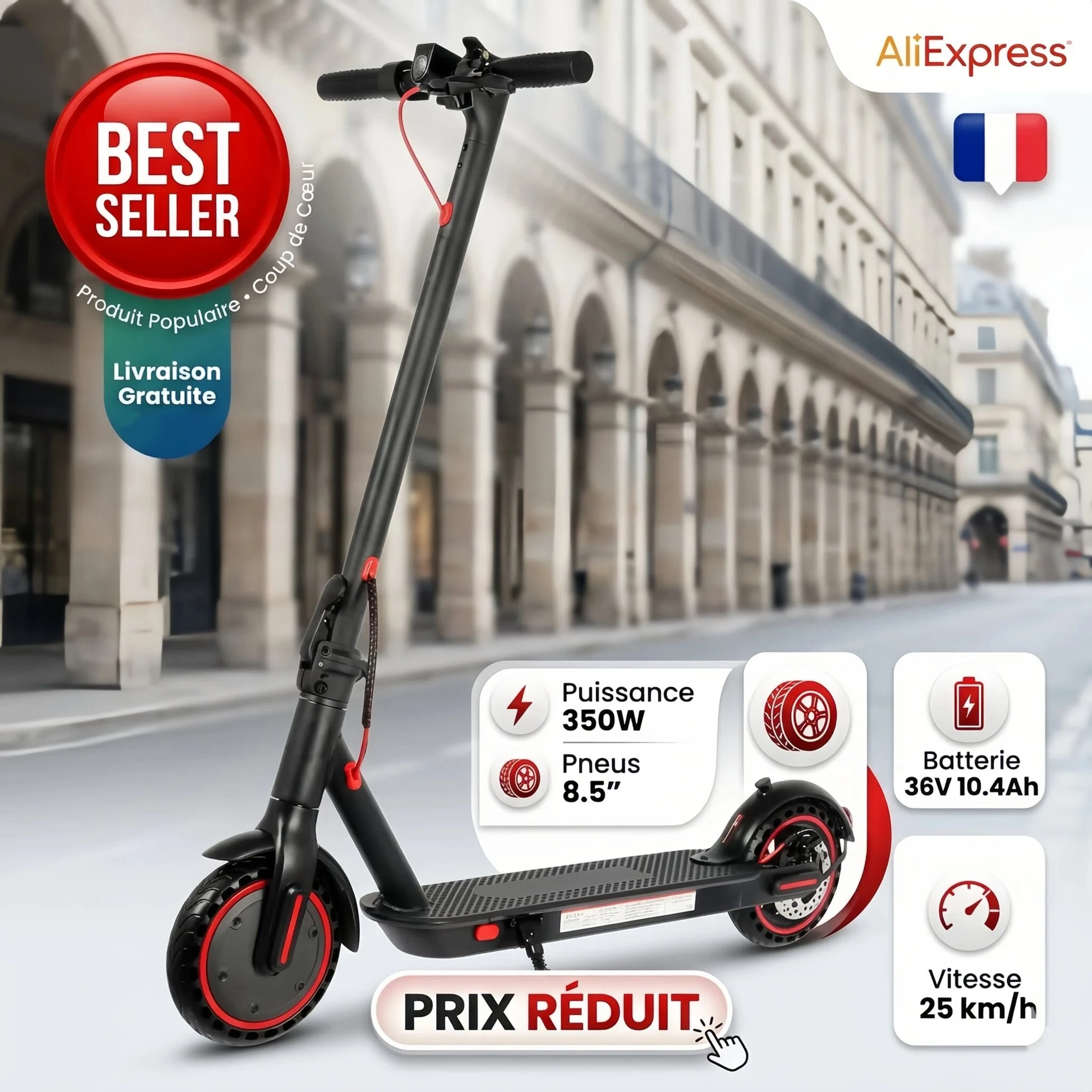 Trottinette Électrique 350W Adulte, Batterie 36V 10.4Ah, Vitesse 25 km/h, Pneus 8.5" Anti-Crevaison, Pliable & Portable