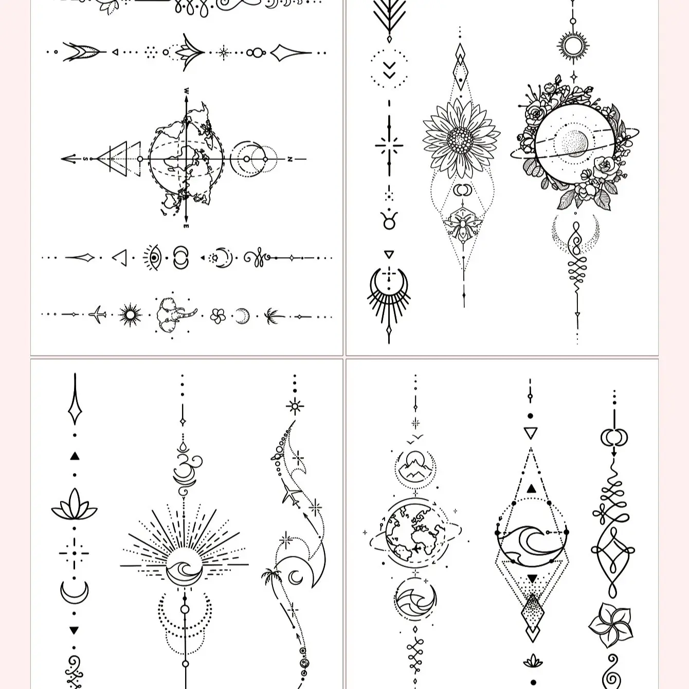 TATTOO-Faux Tatouage Autocollant Temporaire pour Homme, Femme et Fille, Lignes Minimalistes Anglaises, Fleur de Sécurité, Étanche, Flash, 4 Pièces