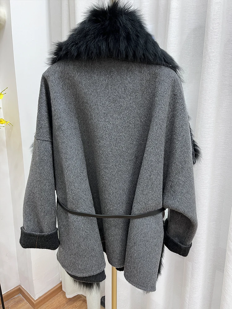 New Winter Natural Real Fox Fur Coat Big Fur Collar Cashmere Wool Woolen Women Jacket Luxury Outwear Ladies Female Fur Coat