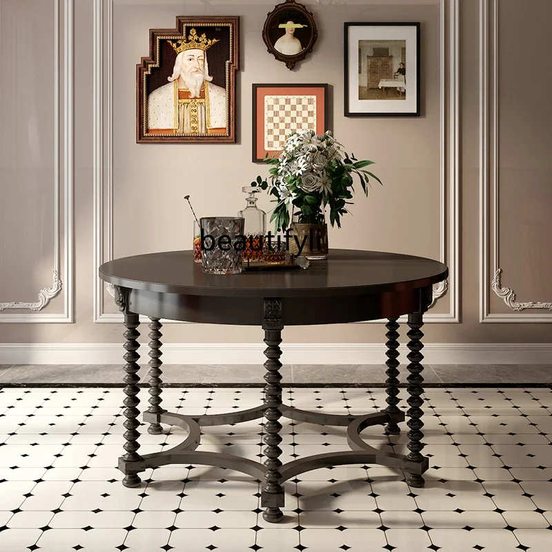 

American retro solid wood round dining table and chair combination dining chair French engraved dining table household2005