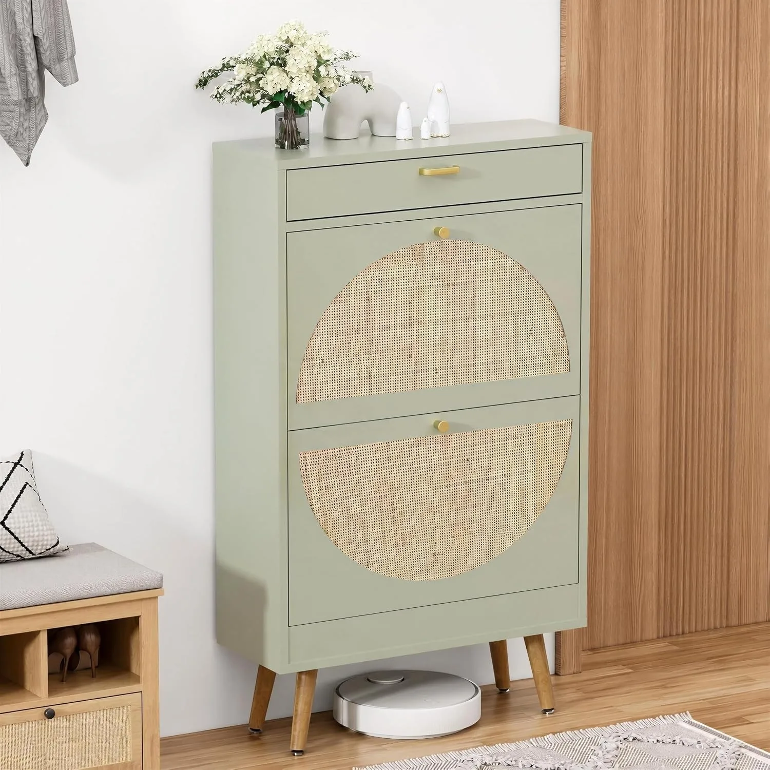 Shoe Rack Storage Organizer with 2 Natural Semi-Circular Rattan Doors, Entryway Wooden Shoe Cabinet for Sneakers, Leather Shoes, High Heels, Slippers (1 Piece, Morandi Green)