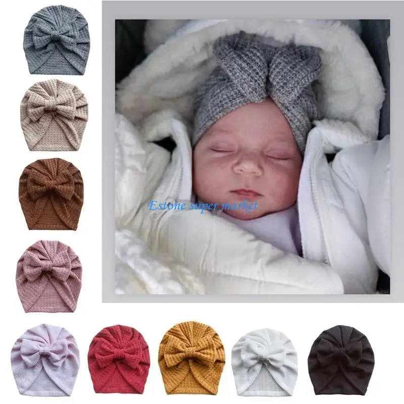 090B Crochet Knitted Bow Baby Hat Turban Newborn Cap Headwraps for Infant Toddler