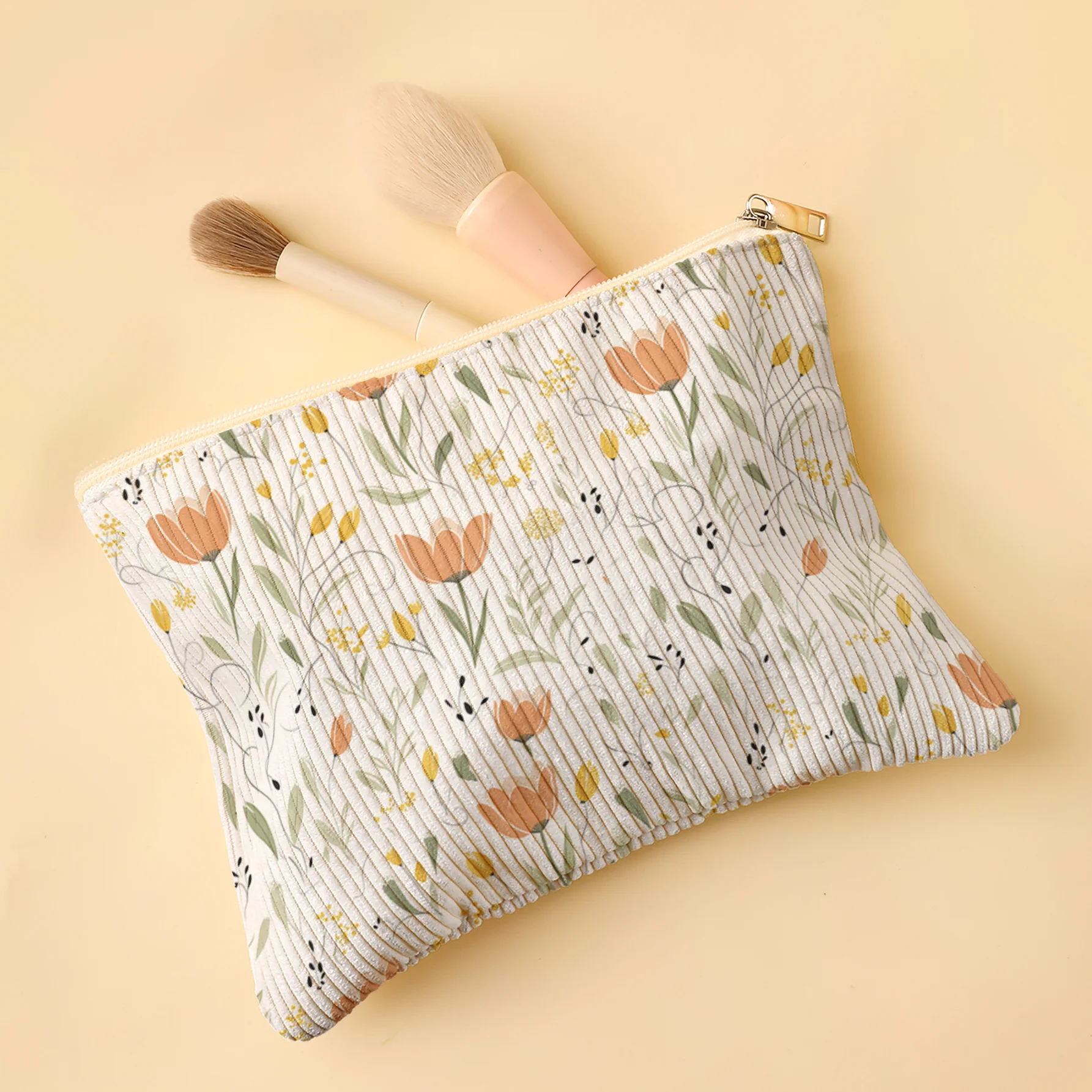 Corduroy Makeup Bag Suitable for Foundation/Eye Shadow Palettes & Lipstick Holder, Corduroy Texture with Tulip Floral Print