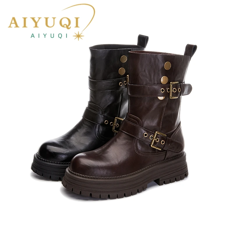 

AIYUQI 2025 new thick-soled female boots retro mid-tube motorcycle boots spring and winter knight boots women