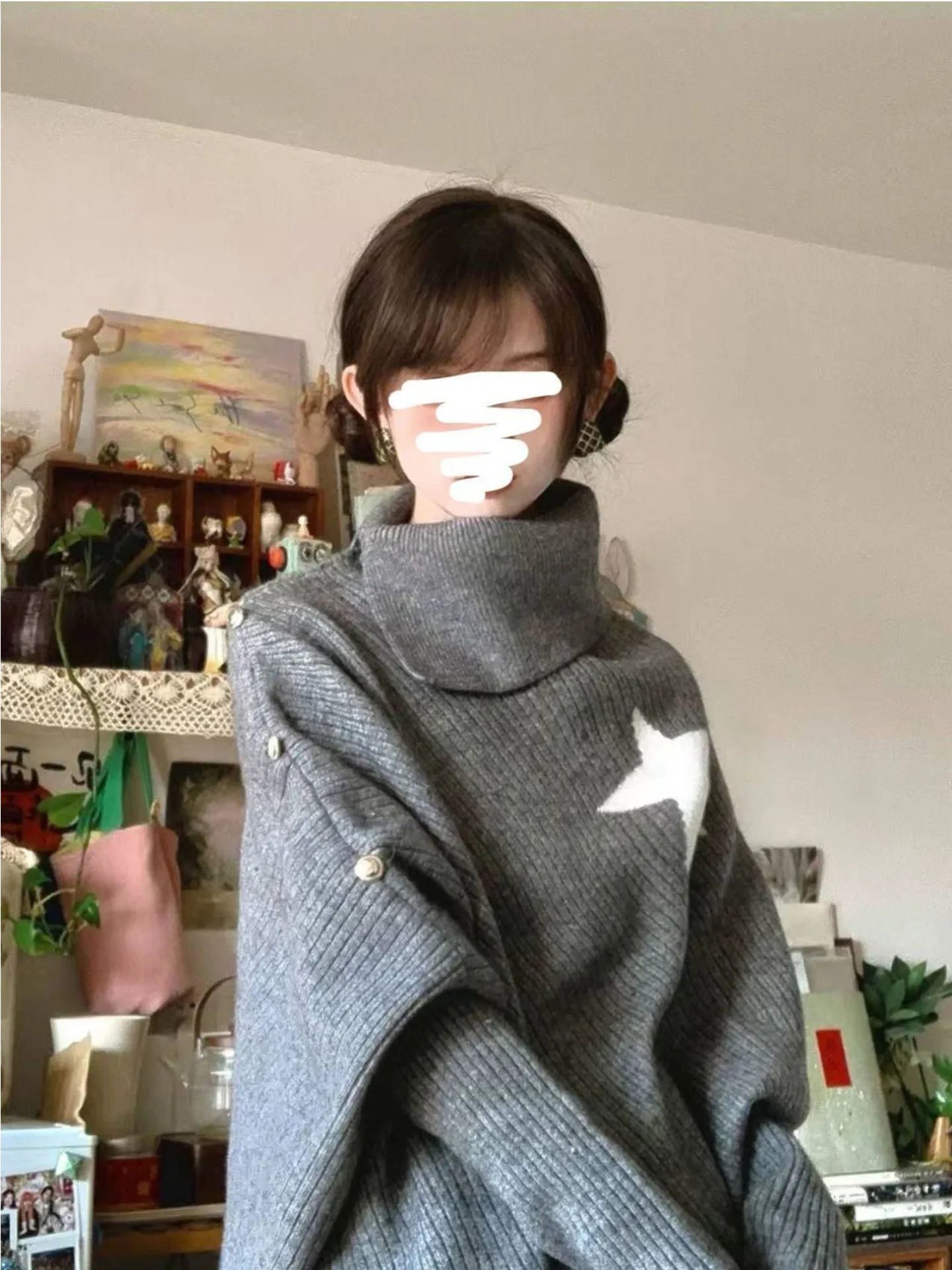 

Gray High Collar Cloak Top Women Early Autumn New Design Lazy Style Uneven Star Knitted Sweater Loose Fit Mid-aged plus Size