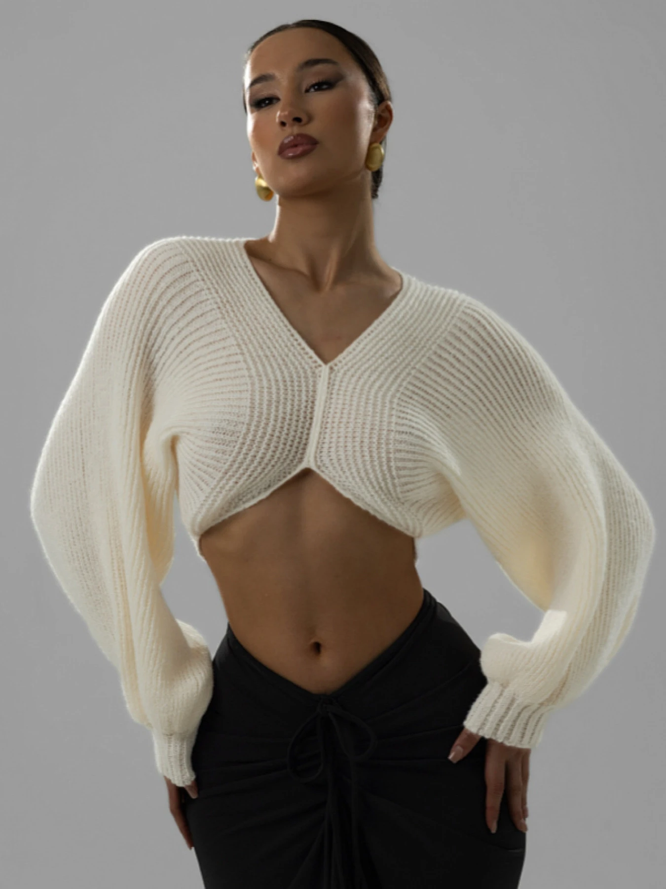 

Sexy ort Knitted Sweater V-Ne Crop Top Breathable Polyester Fiber Long Sve Commute Sle Faionable And Attractive