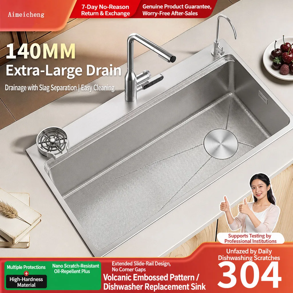 140MM Large Drain 304 Stainless Steel Kitchen Sink Silver Single Slot Washing Dishes Fruit Vegetables Sinks Undermount Basin