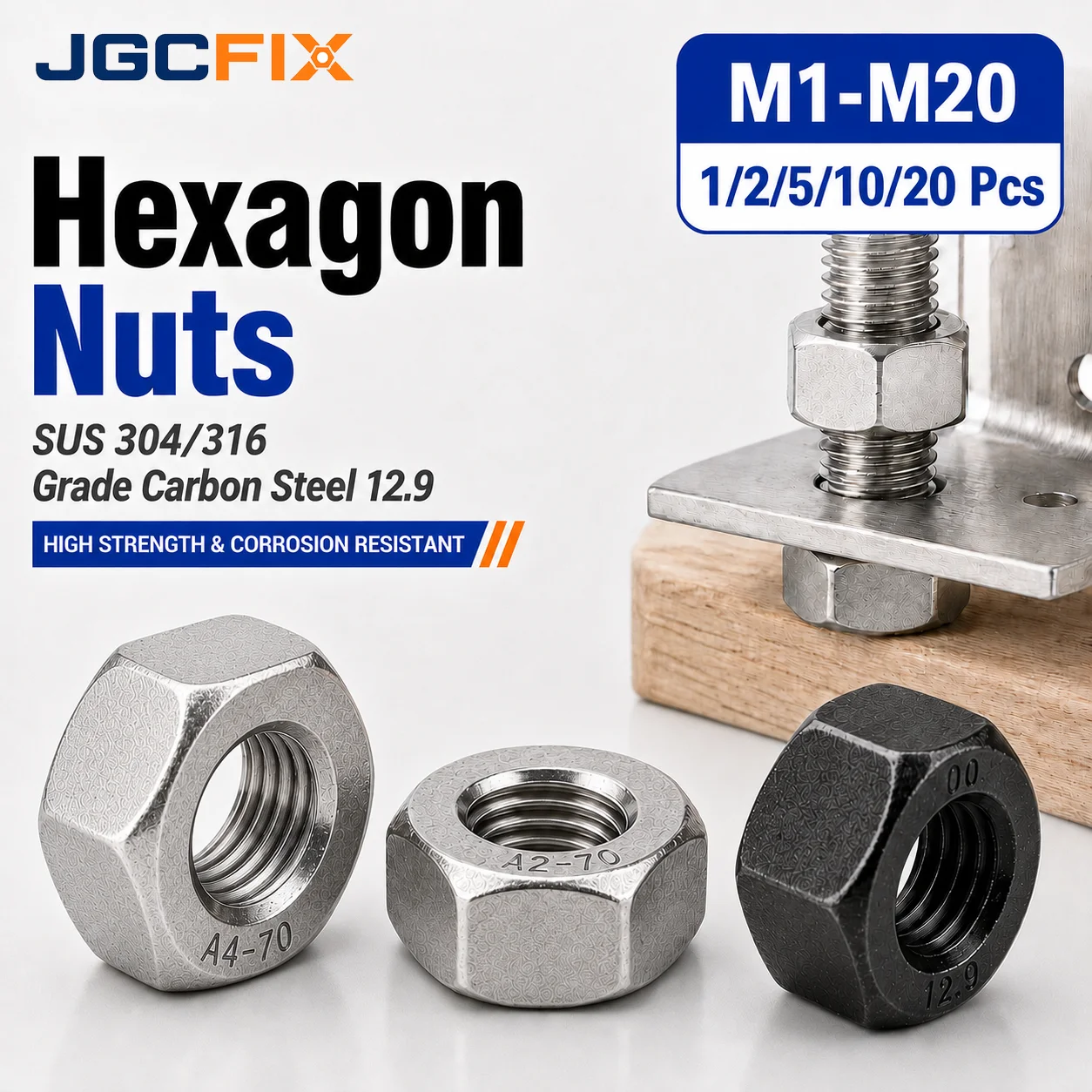 1-20Pcs M1-M20 Hexagon Nuts 304 316 Stainless Steel Carbon Steel 12.9 Hex Hexagonal Six Sided Nut Fastener Assortment Kit Screws