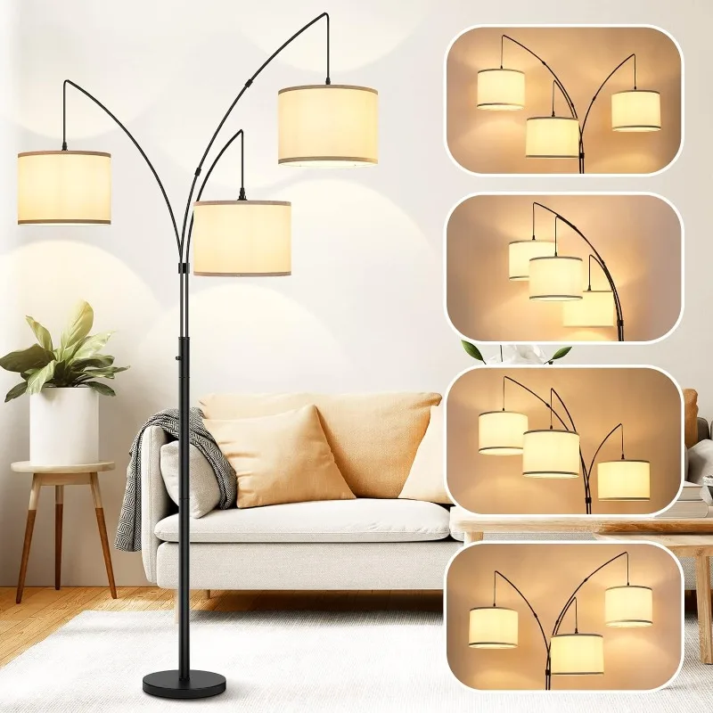 3 Lights Arc Floor Lamps for Living Room,Modern Tall Standing Lamp Hanging Over The Couch with Shades & Heavy Base