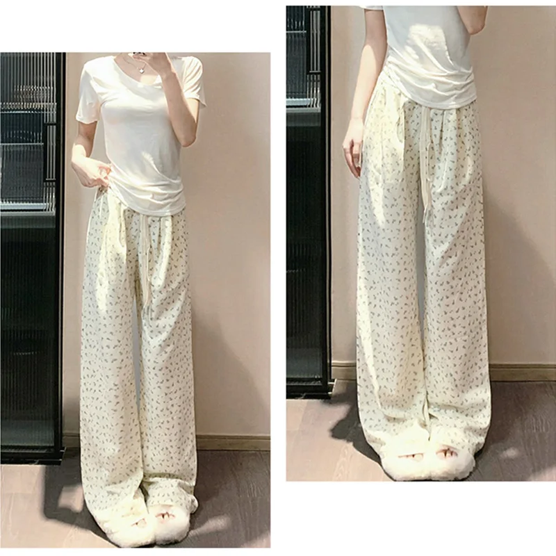 Cutecore-Calças femininas largas de cintura alta, grafismo floral, perna reta, calças femininas, calças especiais de férias, coreano