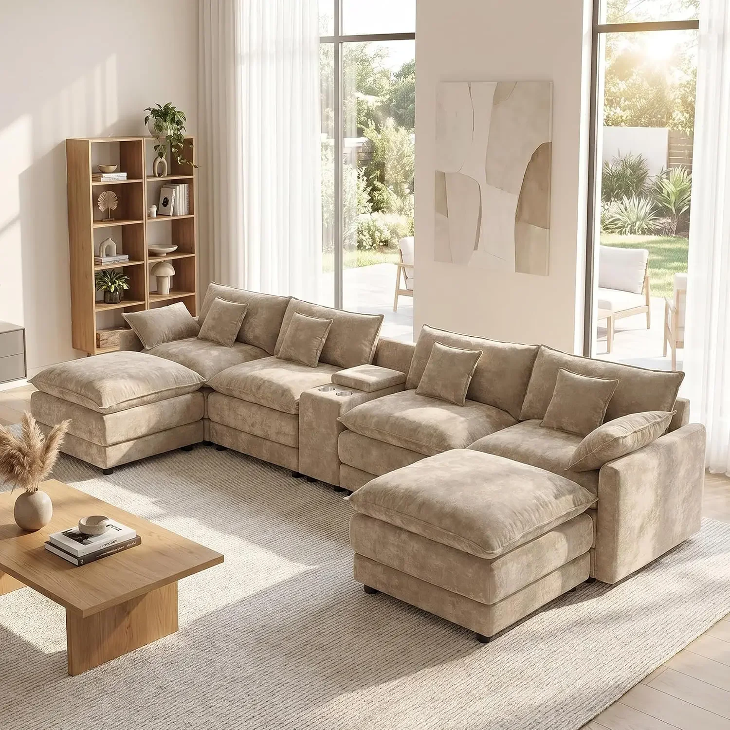 Camel Chenille Deep Seat U Sofa Set Modular Sectional Ottoman Console USB Ports