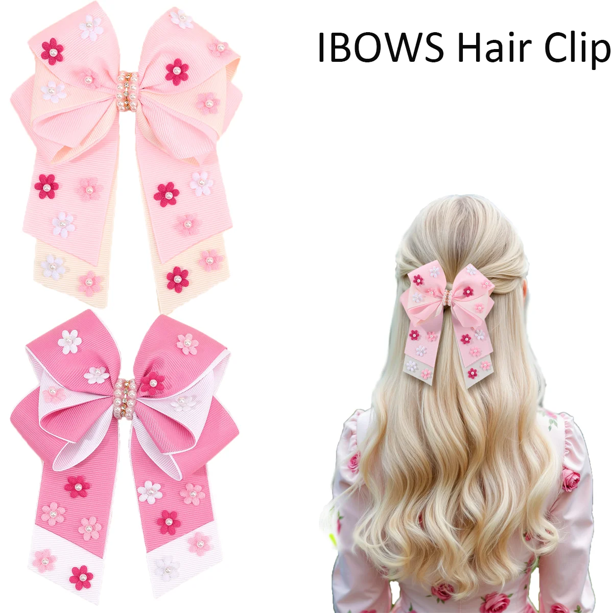 New Flower Bow Hair Clip Sweet Pearls Floral Pink Hairpin Ribbon Barrette For Girls Women French Headwear Headdress Accessories