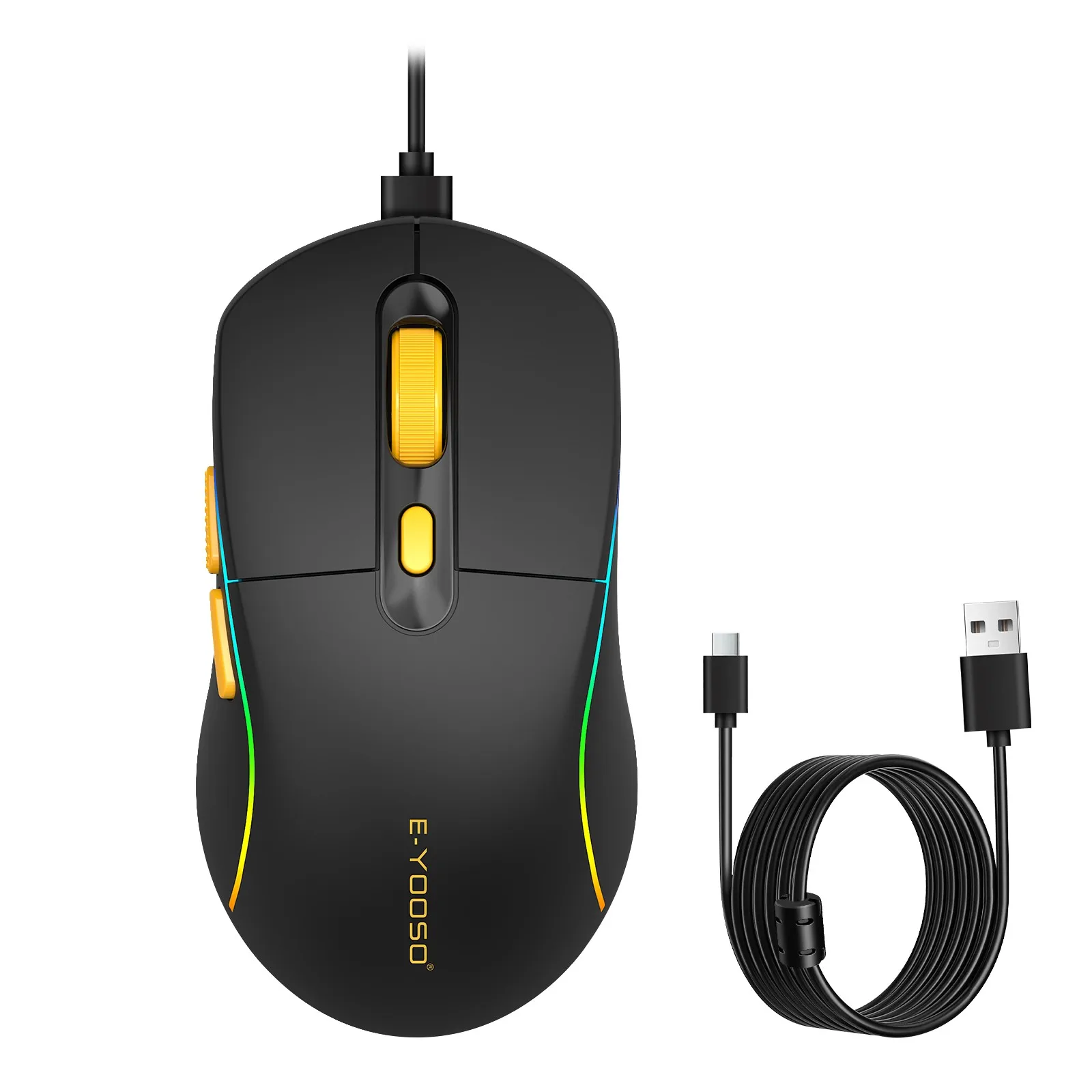 E‑YOOSEO USB‑C Wired Gaming Mouse Lightweight 3200DPI 1000Hz Polling Rate RGB Backlit 11 Macro Buttons Ergonomic Computer Mice