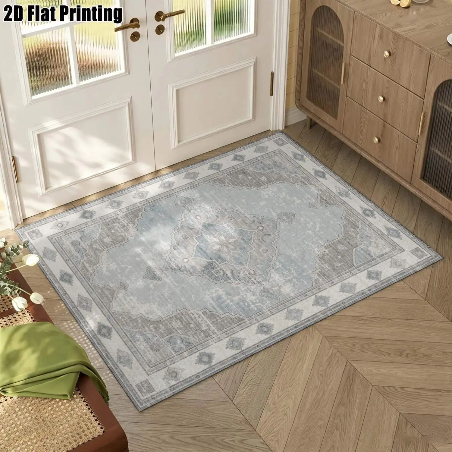 1Pc 2D Printed Blue-Grey Retro Geometric Nordic/Instagram Style Carpet, Machine Washable, Multi-Size, for Entrance, Dining, Living, Bedroom, Home Decor