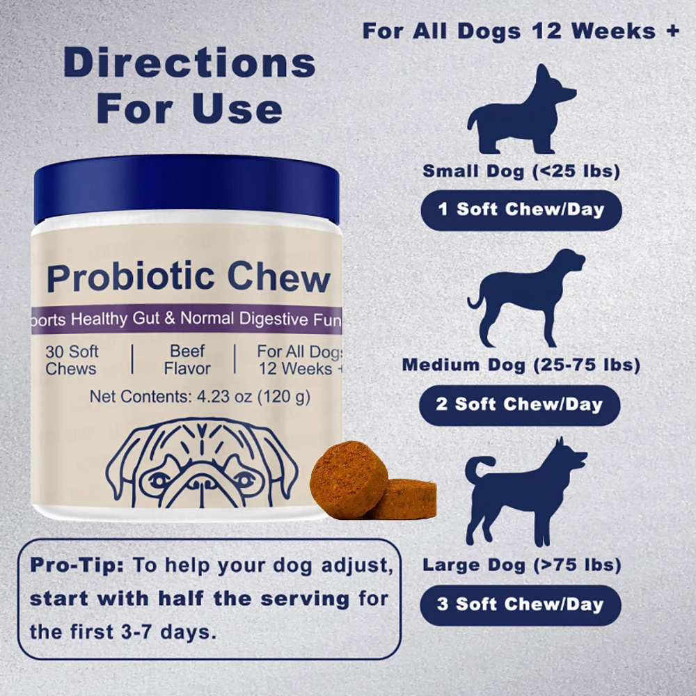 

Probiotics Chew for Dogs 12 Weeks+, Support Gut Health, Occasional Diarrhea, Digestive Health & Seasonal Allergies - Pork FLavor